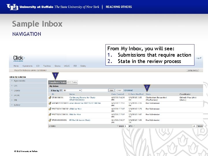 Sample Inbox NAVIGATION From My Inbox, you will see: 1. Submissions that require action