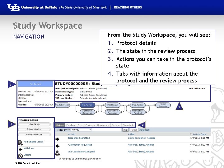 Study Workspace From the Study Workspace, you will see: 1. Protocol details 2. The