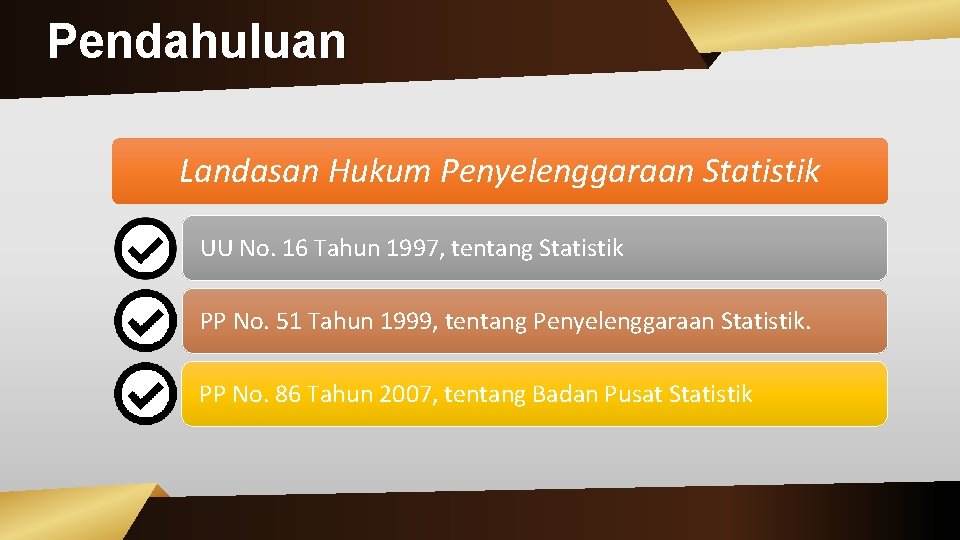 Pendahuluan Landasan Hukum Penyelenggaraan Statistik UU No. 16 Tahun 1997, tentang Statistik PP No.