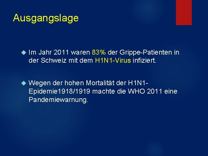 Ausgangslage Im Jahr 2011 waren 83% der Grippe-Patienten in der Schweiz mit dem H