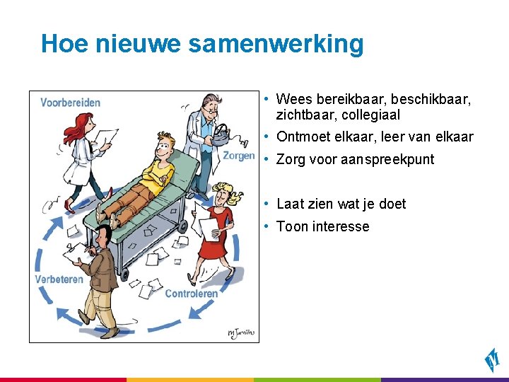 Hoe nieuwe samenwerking • Wees bereikbaar, beschikbaar, zichtbaar, collegiaal • Ontmoet elkaar, leer van