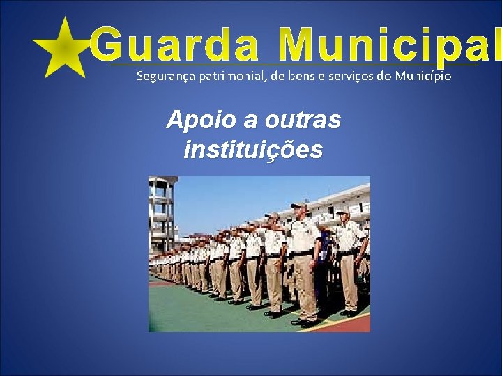 Segurança patrimonial, de bens e serviços do Município Apoio a outras instituições 