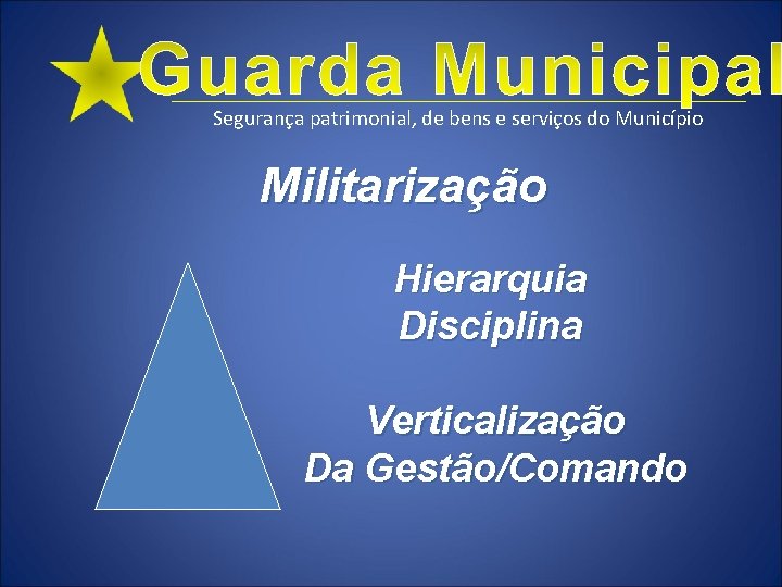 Segurança patrimonial, de bens e serviços do Município Militarização Hierarquia Disciplina Verticalização Da Gestão/Comando