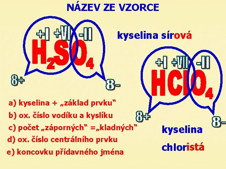 NÁZEV ZE VZORCE kyselina sírová a) kyselina + „základ prvku“ b) ox. číslo vodíku