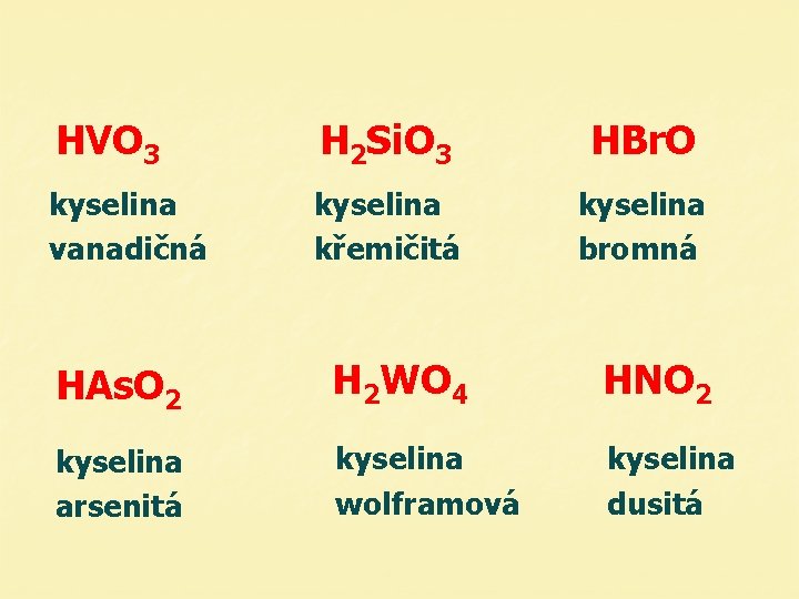 HVO 3 H 2 Si. O 3 HBr. O kyselina vanadičná kyselina křemičitá kyselina