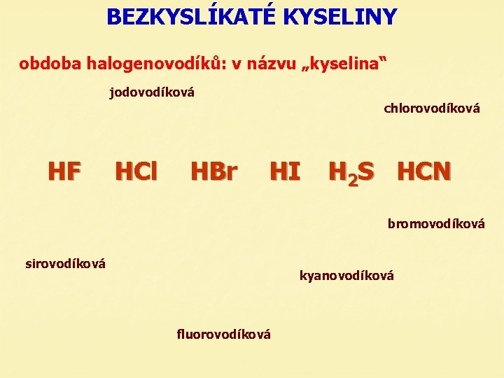 BEZKYSLÍKATÉ KYSELINY obdoba halogenovodíků: v názvu „kyselina“ jodovodíková chlorovodíková HF HCl HBr HI H