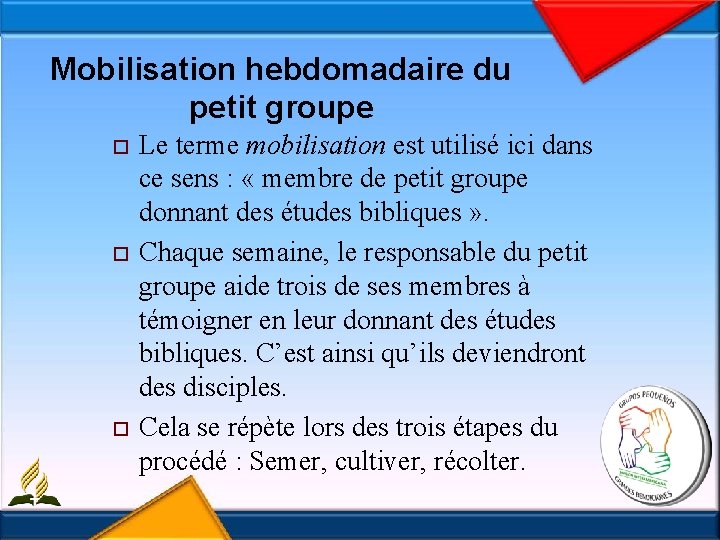 Mobilisation hebdomadaire du petit groupe o o o Le terme mobilisation est utilisé ici