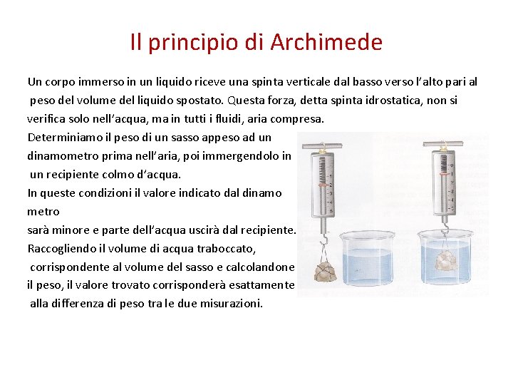 Il principio di Archimede Un corpo immerso in un liquido riceve una spinta verticale