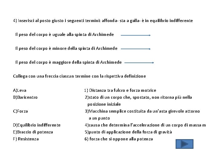 4) Inserisci al posto giusto i seguenti termini: affonda- sta a galla- è in