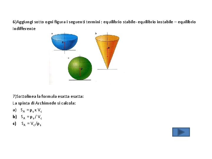 6)Aggiungi sotto ogni figura i seguenti termini : equilibrio stabile- equilibrio instabile – equilibrio