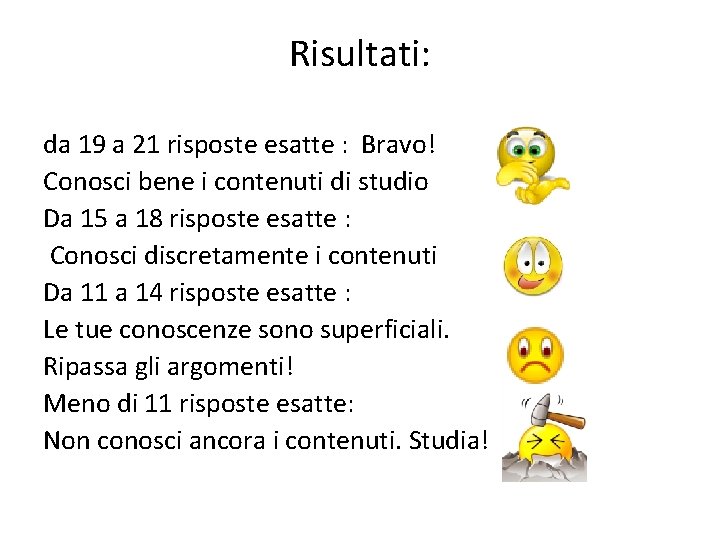 Risultati: da 19 a 21 risposte esatte : Bravo! Conosci bene i contenuti di