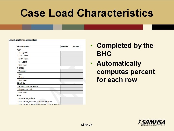 Case Load Characteristics • Completed by the BHC • Automatically computes percent for each