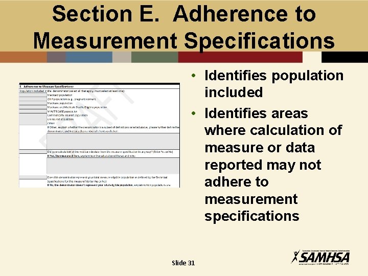 Section E. Adherence to Measurement Specifications • Identifies population included • Identifies areas where