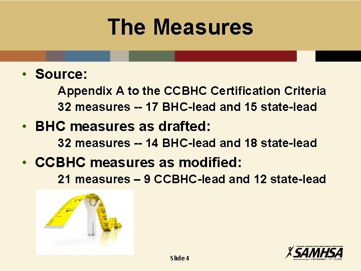 The Measures • Source: Appendix A to the CCBHC Certification Criteria 32 measures --