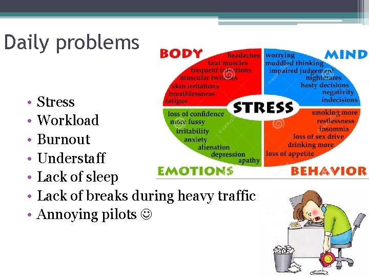 Daily problems • • Stress Workload Burnout Understaff Lack of sleep Lack of breaks
