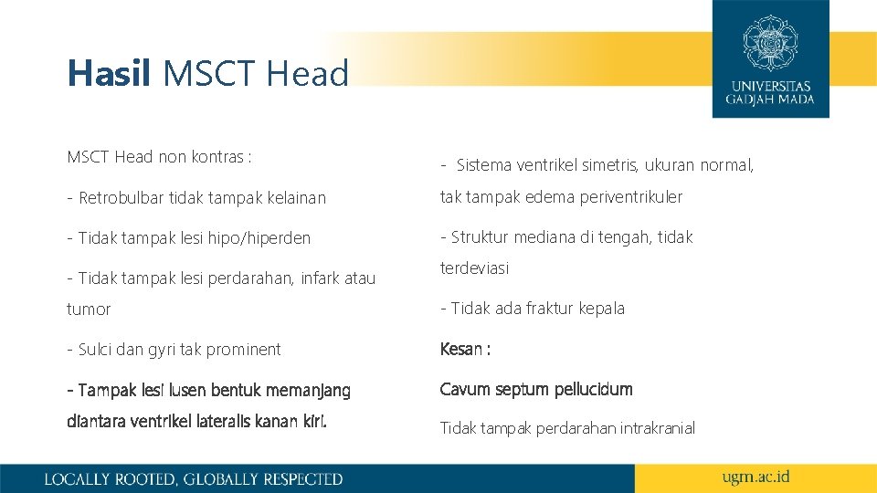 Hasil MSCT Head non kontras : - Sistema ventrikel simetris, ukuran normal, - Retrobulbar