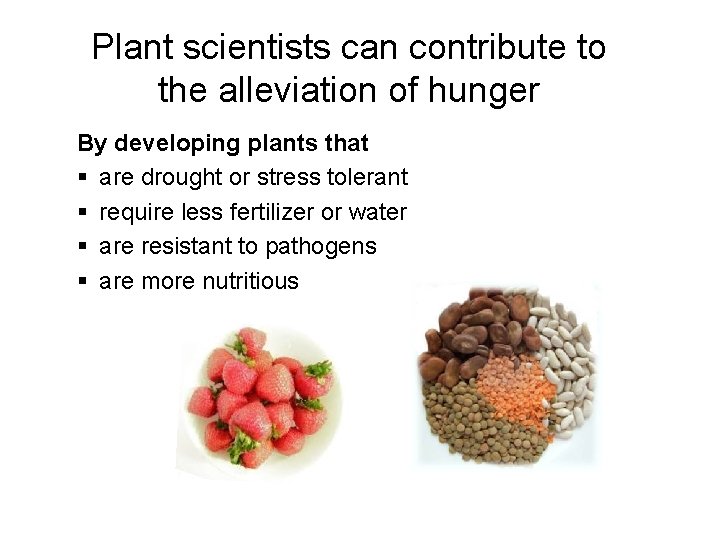 Plant scientists can contribute to the alleviation of hunger By developing plants that §