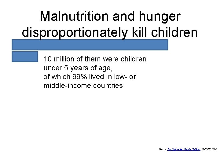 Malnutrition and hunger disproportionately kill children 10 million of them were children under 5