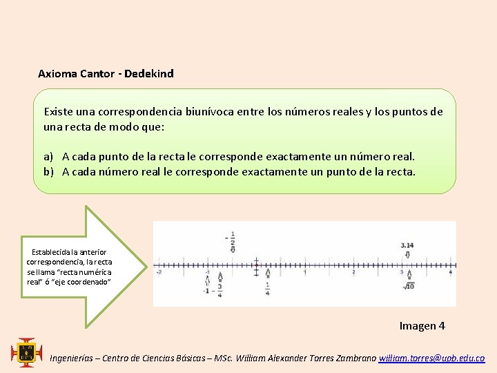 Axioma Cantor - Dedekind Existe una correspondencia biunívoca entre los números reales y los