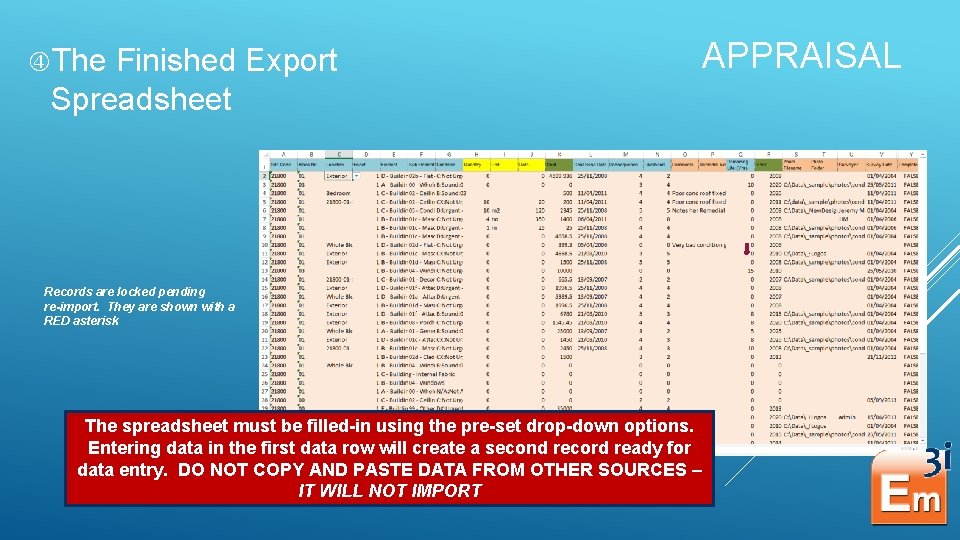  The Finished Export Spreadsheet APPRAISAL Records are locked pending re-import. They are shown