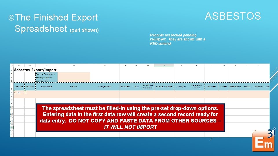  The Finished Export Spreadsheet (part shown) ASBESTOS Records are locked pending re-import. They