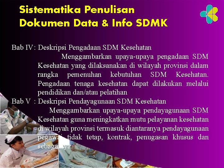 Sistematika Penulisan Dokumen Data & Info SDMK Bab IV: Deskripsi Pengadaan SDM Kesehatan Menggambarkan