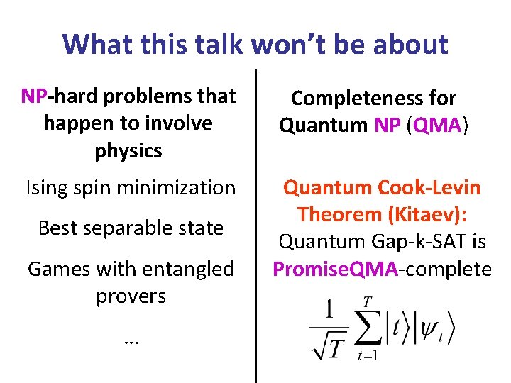 What this talk won’t be about NP-hard problems that happen to involve physics Completeness