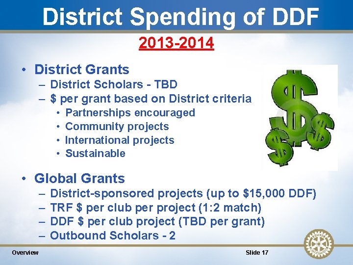 District Spending of DDF 2013 -2014 • District Grants – District Scholars - TBD