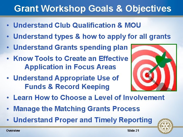 Grant Workshop Goals & Objectives • Understand Club Qualification & MOU • Understand types