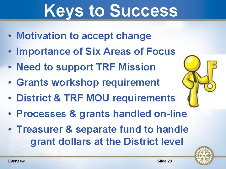 Keys to Success • Motivation to accept change • Importance of Six Areas of