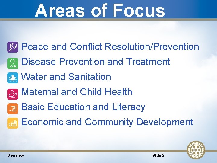 Areas of Focus Peace and Conflict Resolution/Prevention • Disease Prevention and Treatment • Water