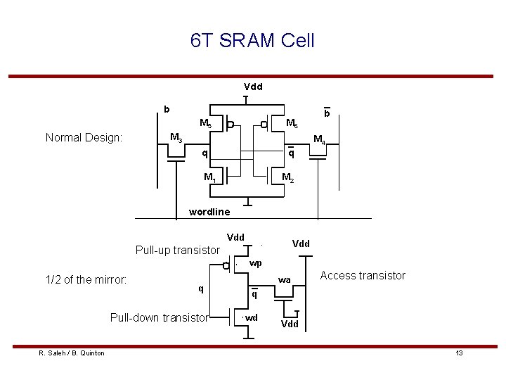 6 T SRAM Cell Vdd b M 5 Normal Design: M 6 M 3