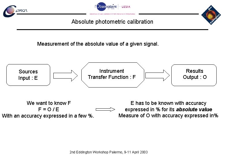 Absolute photometric calibration Measurement of the absolute value of a given signal. Sources Input