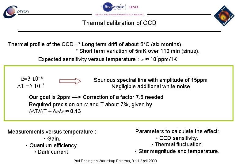 Thermal calibration of CCD Thermal profile of the CCD : * Long term drift