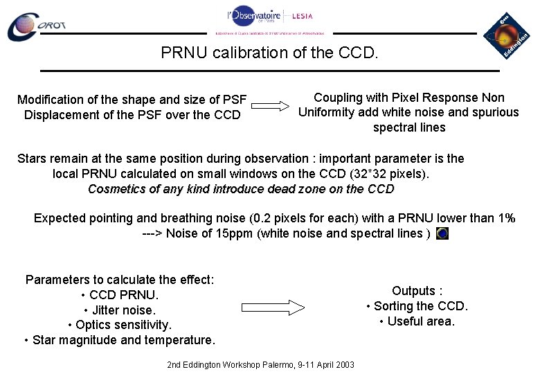 PRNU calibration of the CCD. Modification of the shape and size of PSF Displacement