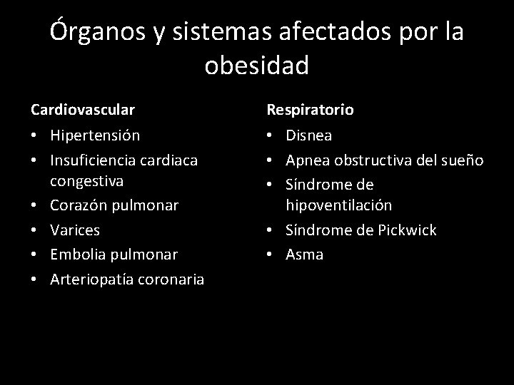 Órganos y sistemas afectados por la obesidad Cardiovascular Respiratorio • Hipertensión • Insuficiencia cardiaca