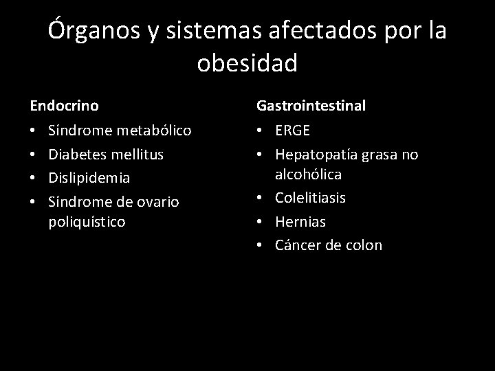 Órganos y sistemas afectados por la obesidad Endocrino • • Síndrome metabólico Diabetes mellitus