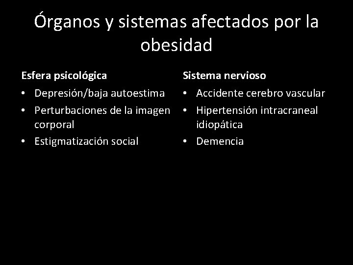 Órganos y sistemas afectados por la obesidad Esfera psicológica Sistema nervioso • Depresión/baja autoestima