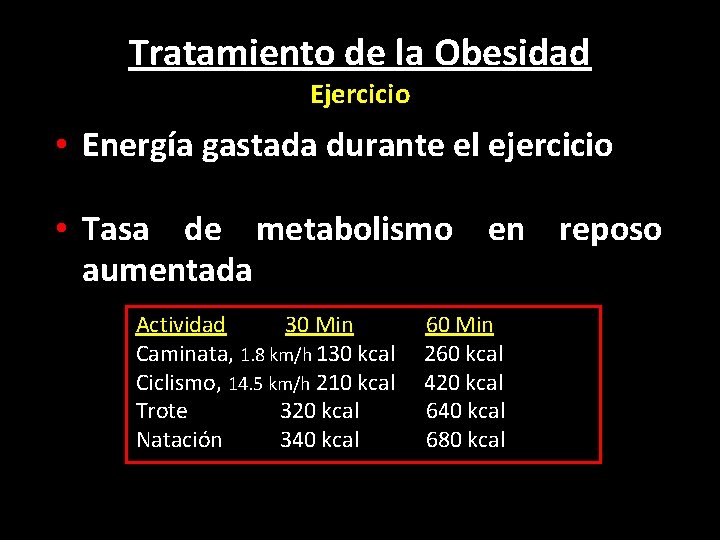 Tratamiento de la Obesidad Ejercicio • Energía gastada durante el ejercicio • Tasa de