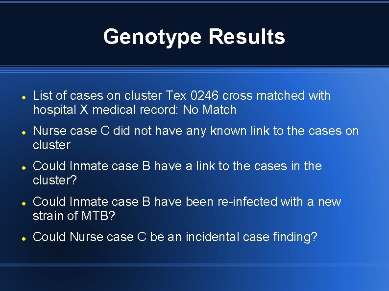 Genotype Results List of cases on cluster Tex 0246 cross matched with hospital X