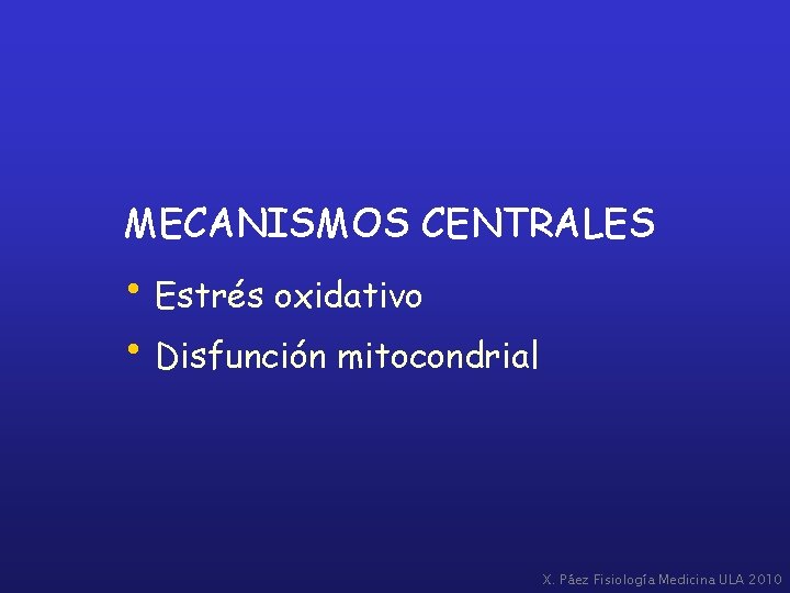MECANISMOS CENTRALES • Estrés oxidativo • Disfunción mitocondrial X. Páez Fisiología Medicina ULA 2010