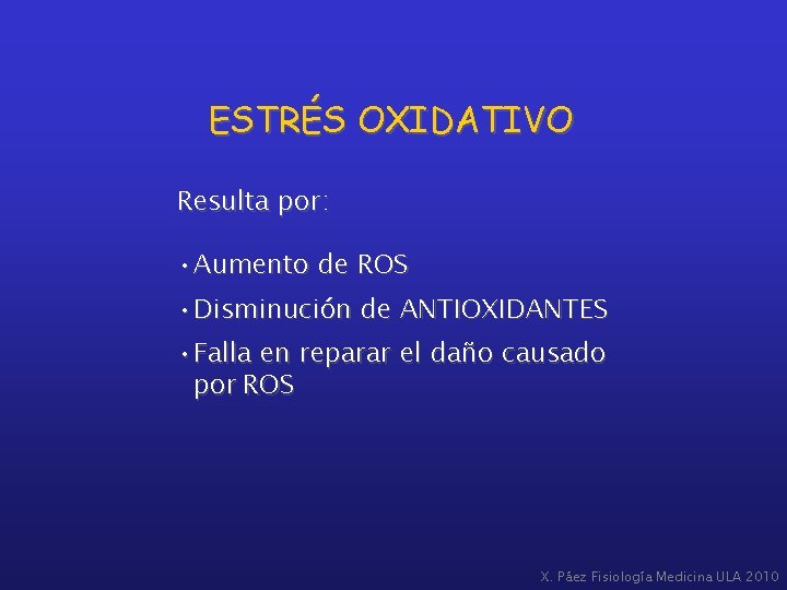 ESTRÉS OXIDATIVO Resulta por: • Aumento de ROS • Disminución de ANTIOXIDANTES • Falla