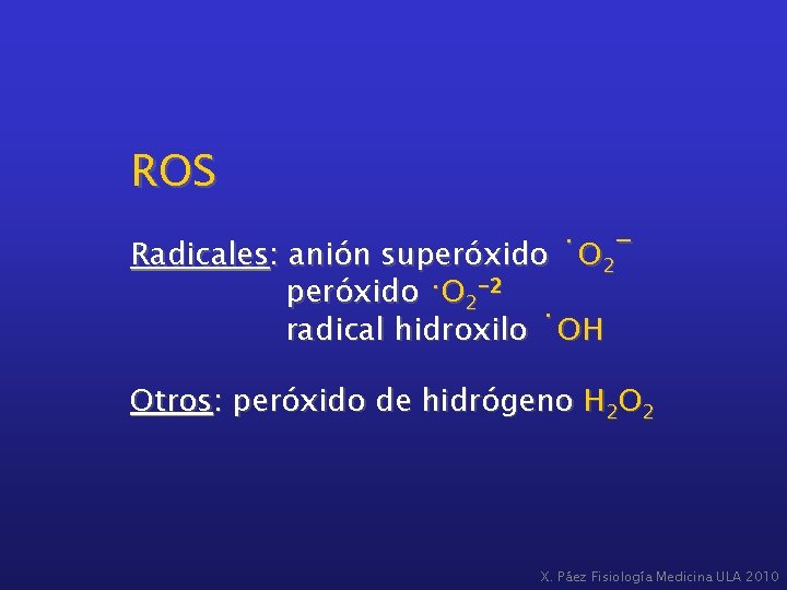 ROS Radicales: anión superóxido ·O 2 -2 radical hidroxilo ·OH Otros: peróxido de hidrógeno