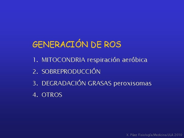 GENERACIÓN DE ROS 1. MITOCONDRIA respiración aeróbica 2. SOBREPRODUCCIÓN 3. DEGRADACIÓN GRASAS peroxisomas 4.