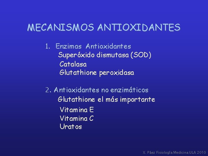 MECANISMOS ANTIOXIDANTES 1. Enzimas Antioxidantes Superóxido dismutasa (SOD) Catalasa Glutathione peroxidasa 2. Antioxidantes no