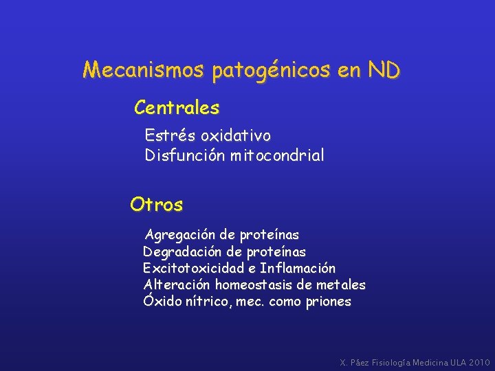 Mecanismos patogénicos en ND Centrales Estrés oxidativo Disfunción mitocondrial Otros Agregación de proteínas Degradación