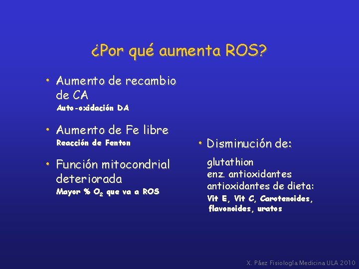 ¿Por qué aumenta ROS? • Aumento de recambio de CA Auto-oxidación DA • Aumento