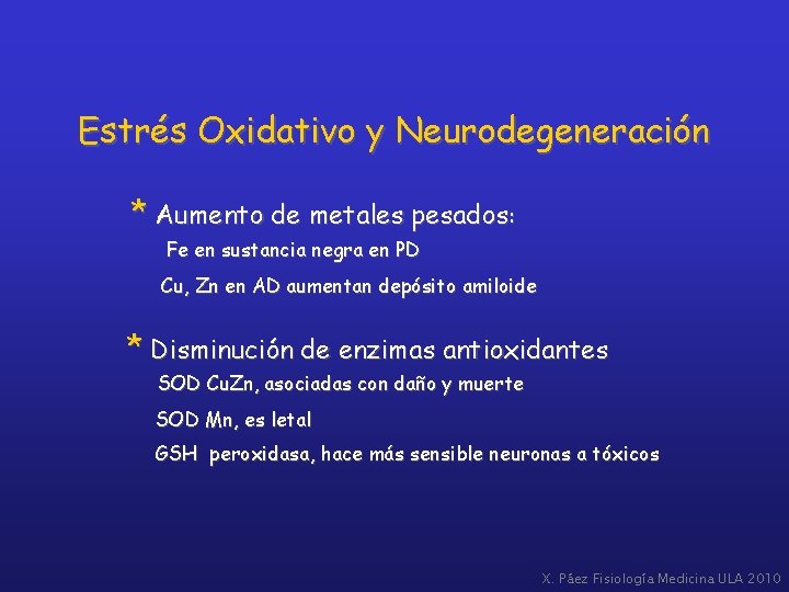 Estrés Oxidativo y Neurodegeneración * Aumento de metales pesados: Fe en sustancia negra en