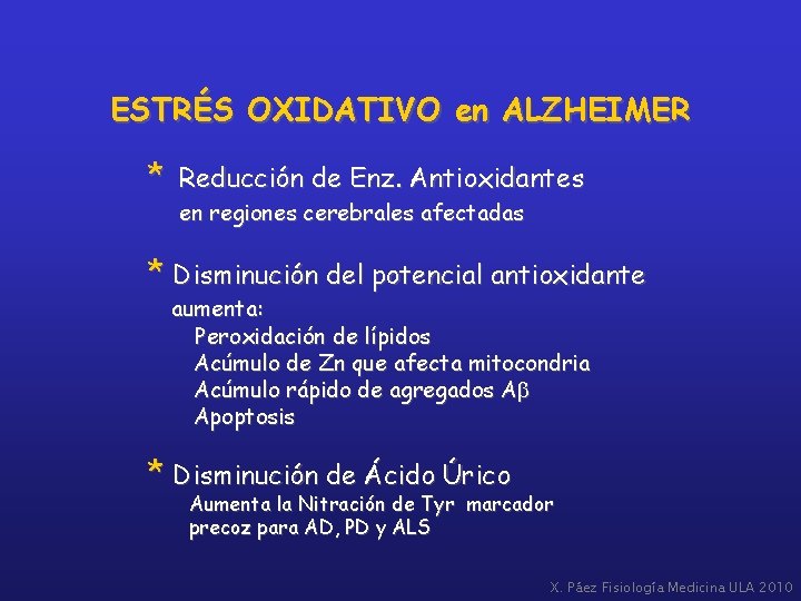 ESTRÉS OXIDATIVO en ALZHEIMER * Reducción de Enz. Antioxidantes en regiones cerebrales afectadas *