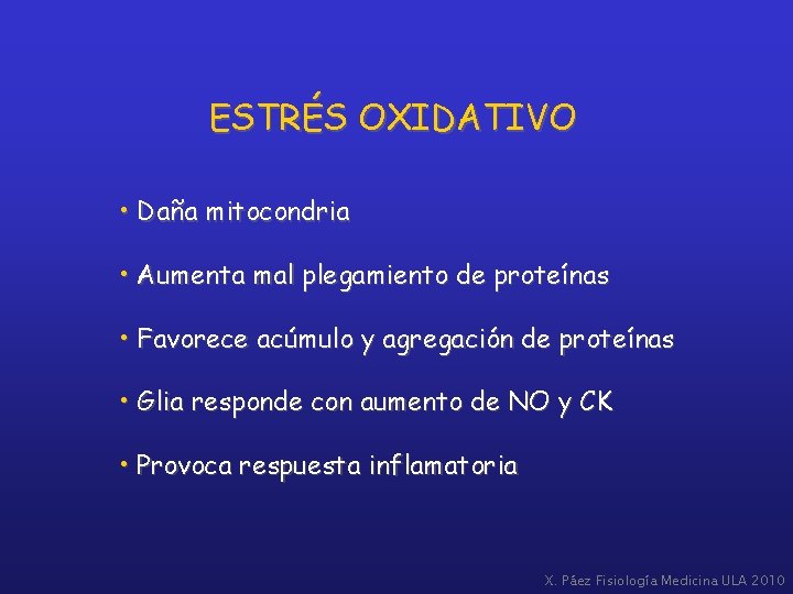 ESTRÉS OXIDATIVO • Daña mitocondria • Aumenta mal plegamiento de proteínas • Favorece acúmulo